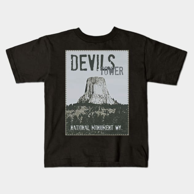 Devil's Tower Stamp Kids T-Shirt by Northofthepines